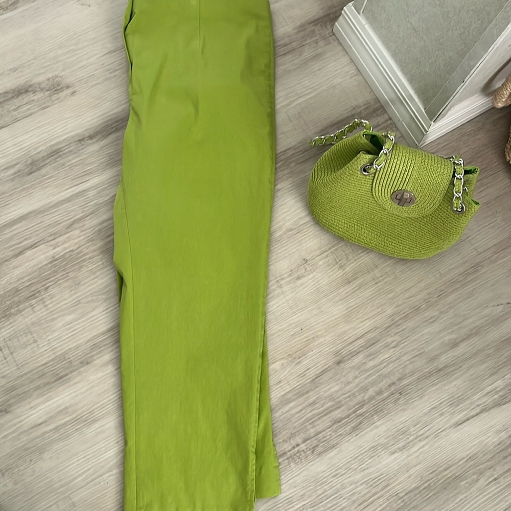 Size 16 pant, zipper and pleats, split sides on pants, matching handbag;